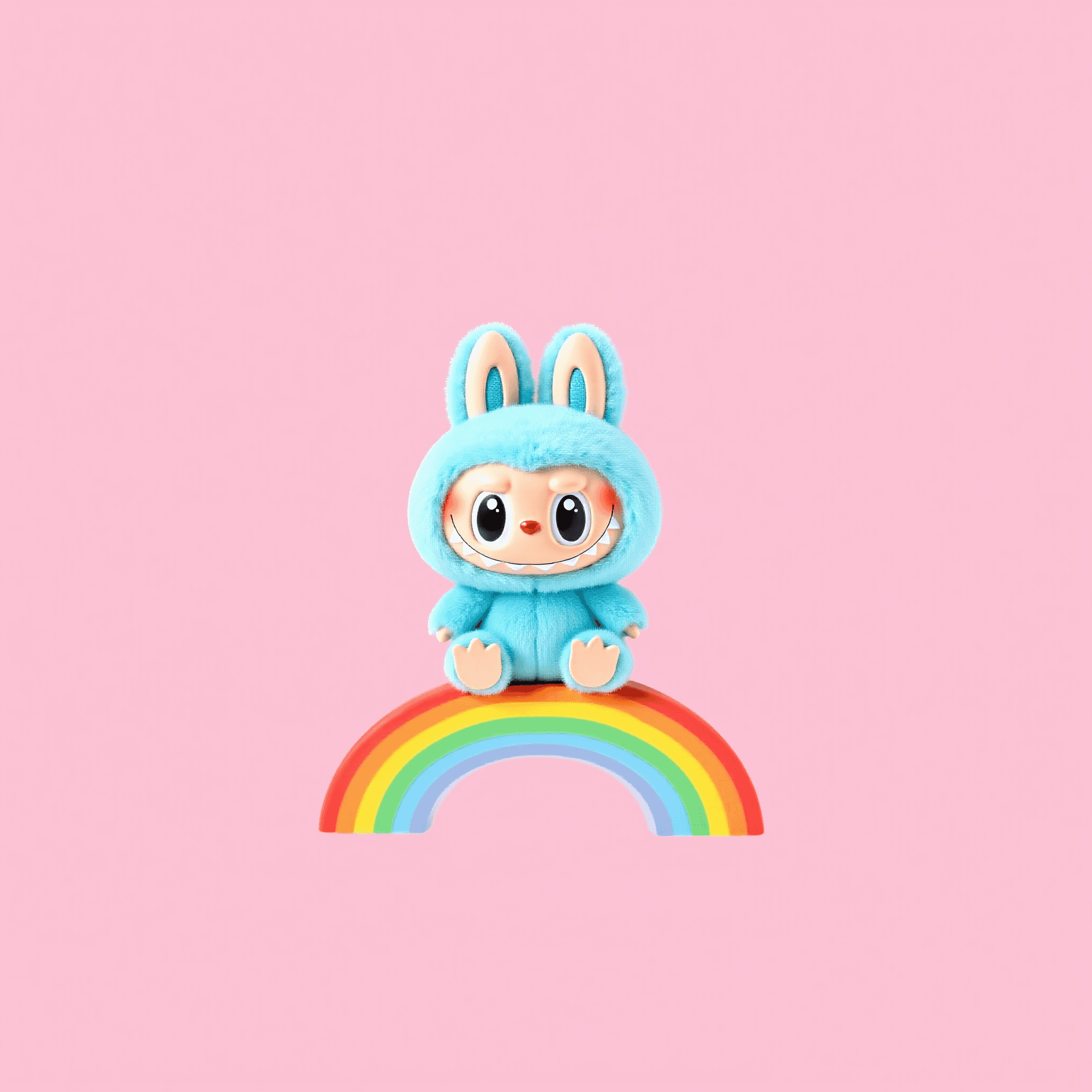 Dreamy Labubu sitting in rainbow, candy color scheme sweet to the heart