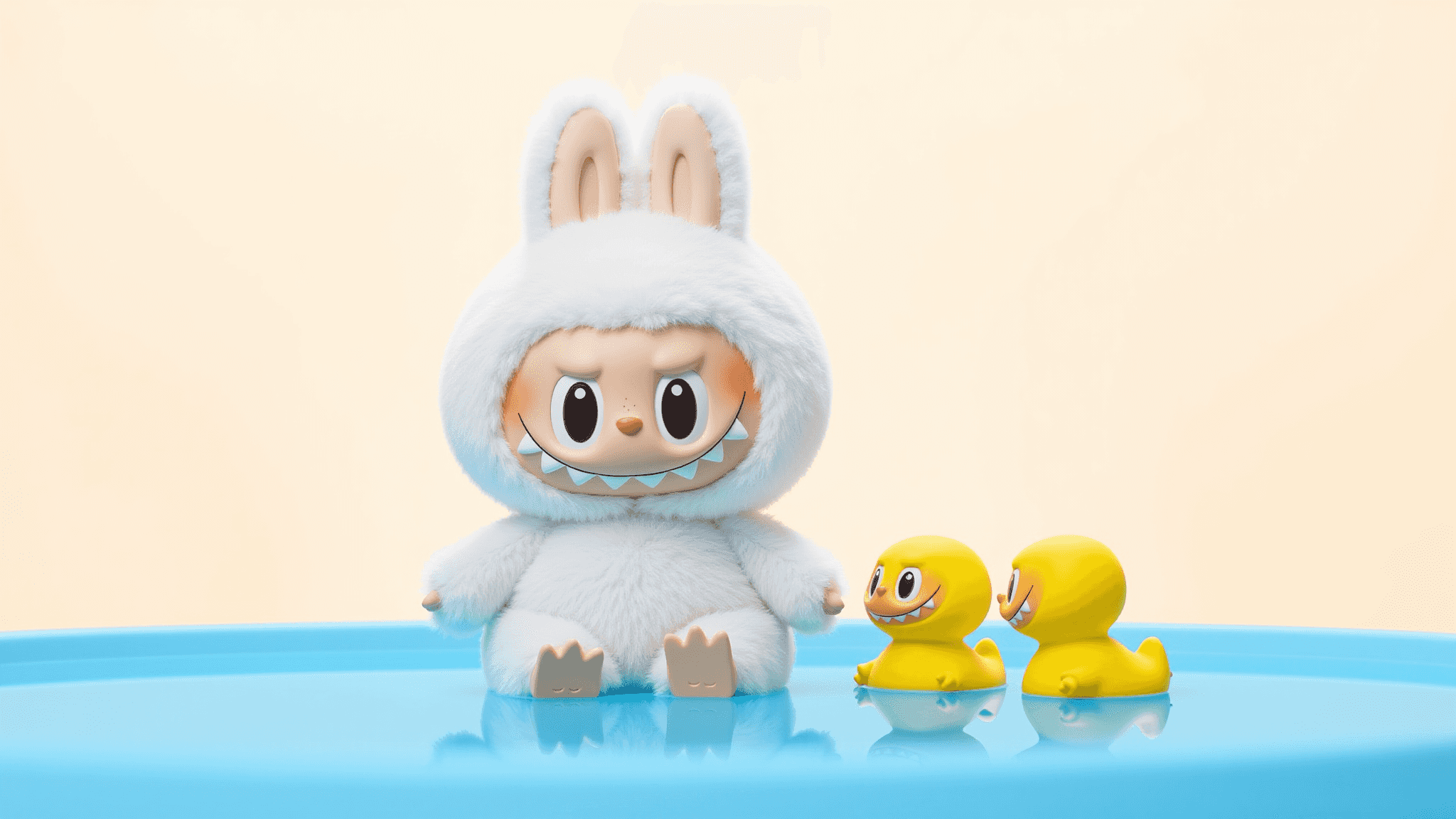 Fiesta de piscina de verano de labubu blanco con tres patitos amarillos