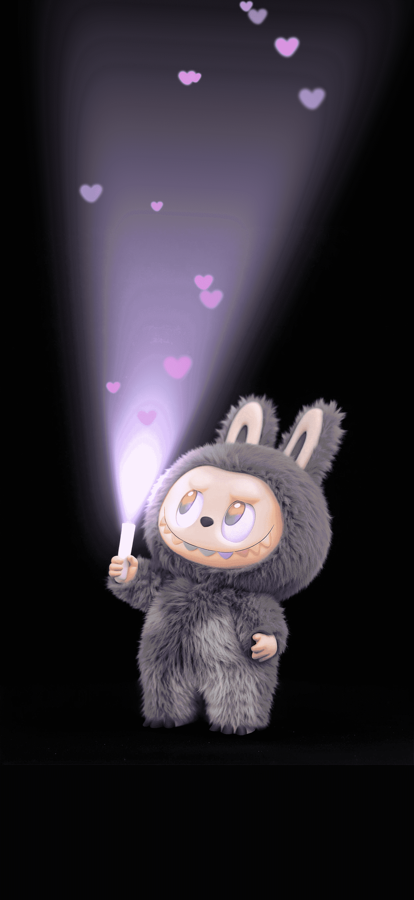 Grey Labubu flashlight illuminates pink hearts