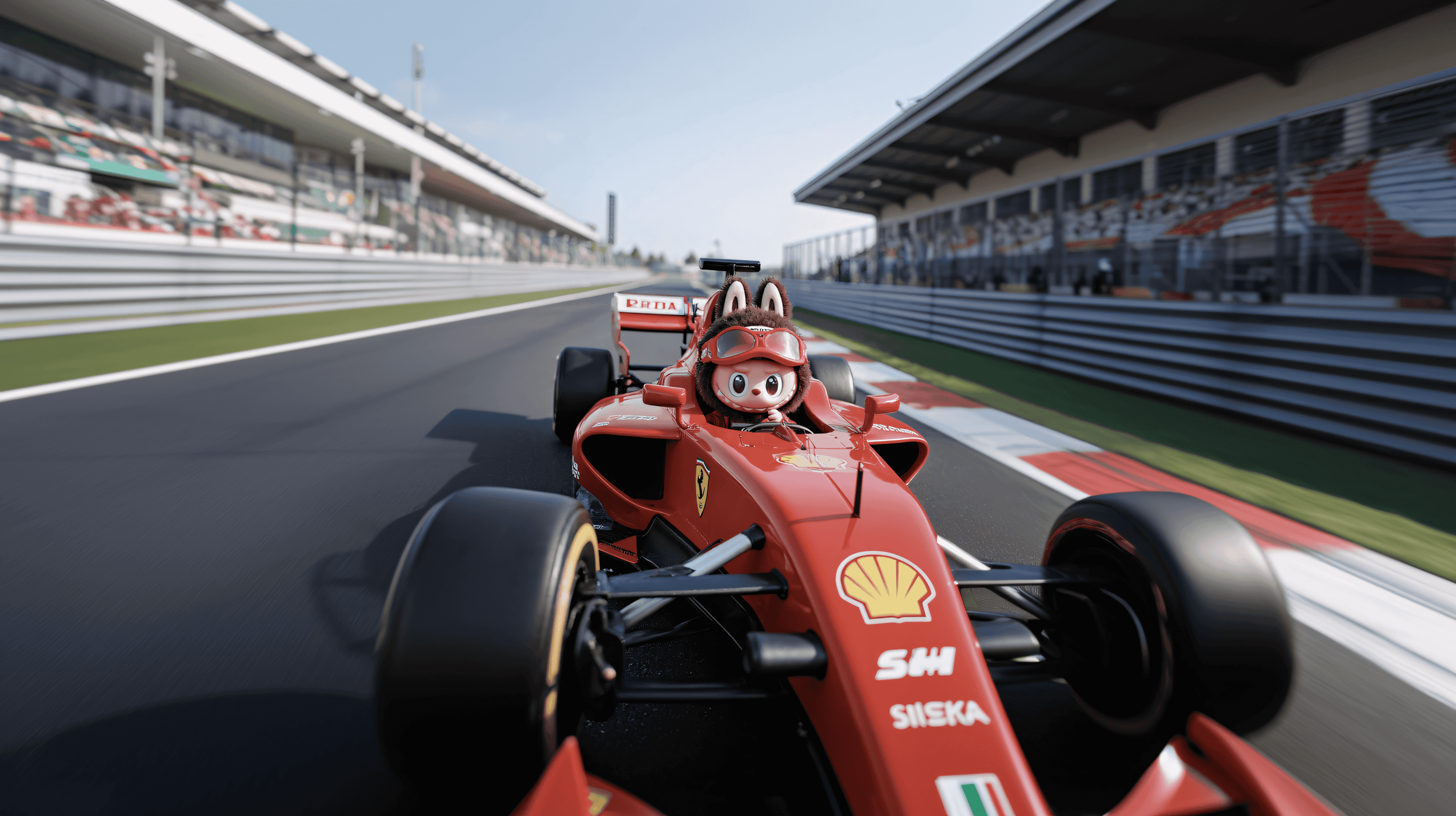 Racing driver Labubu drives F1