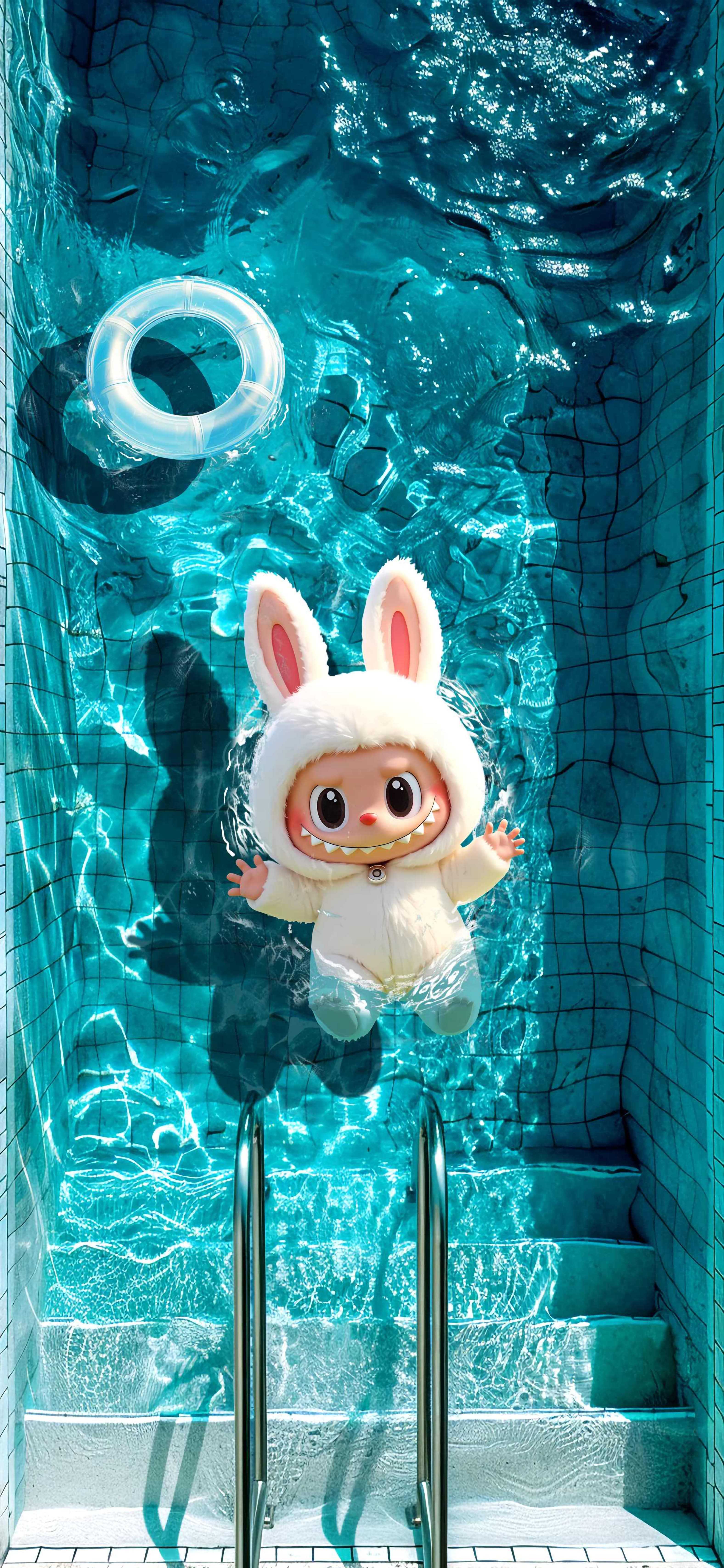 White Labubu Pool Wallpaper